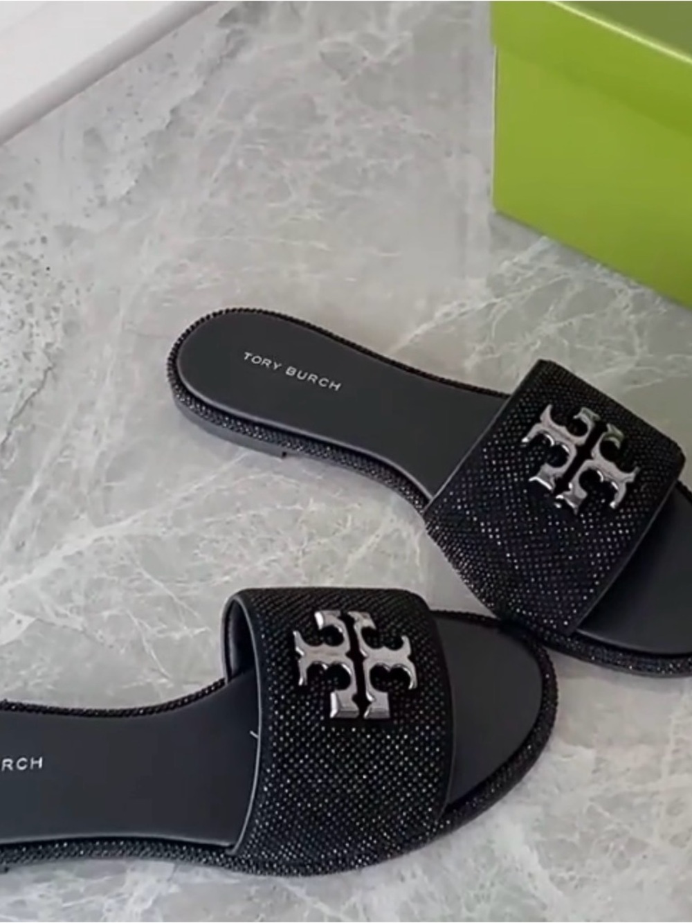 Tory Burch Black Crystal-Embellished Slide Sandals